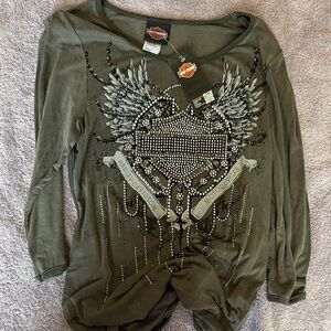 Harley-Davidson Olive Winged Embellished Long Sleeve Top